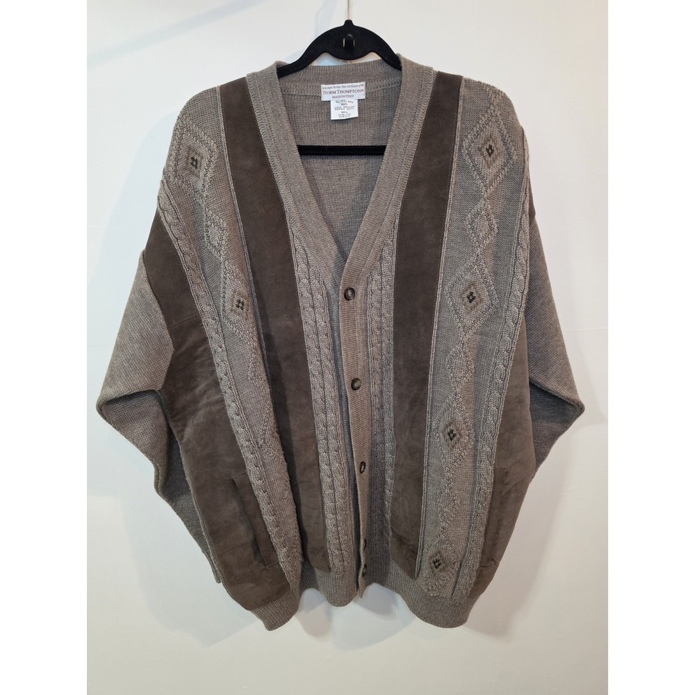 Norm Thompson Italian Merino Wool Leather Cardigan XL Taupe Argyle Cable Knit